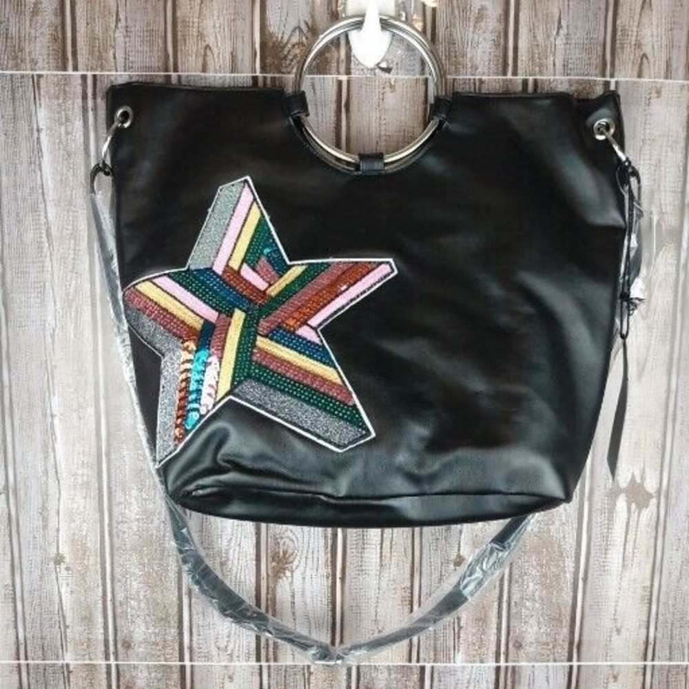 T-Shirt & Jeans Ring Tote Black Hand Shoulder Bag Purse Sequin Star NWT